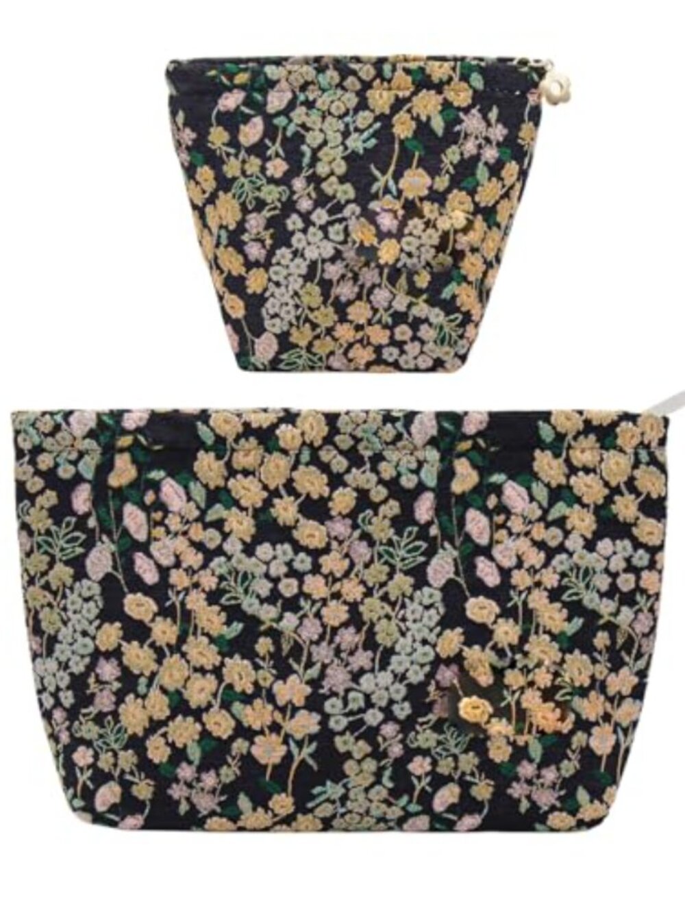 2-Piece Floral Embroidery Cosmetic Bag Set Large Pouch Small Purse Travel